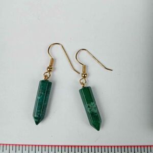 Green stone pillar dangle pierced earrings